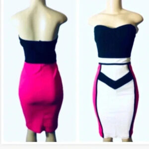 WINDSOR BARBIE DRESS STRAPLESS PINK BLACK WHITE COLORBLOCK MIDI SIZE LARGE NWT